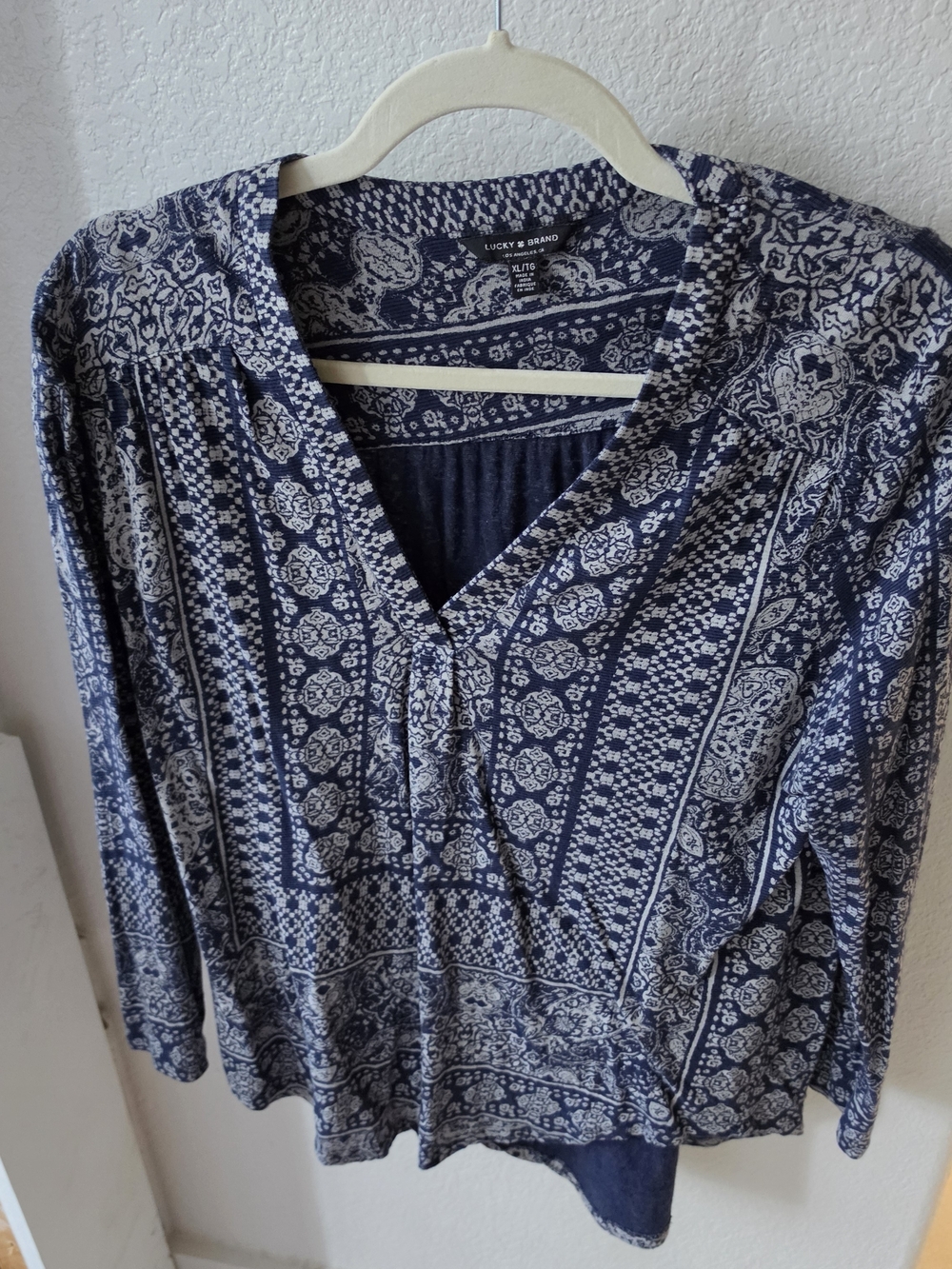 Lucky Brand Navy Blue Printed Peasant Blouse